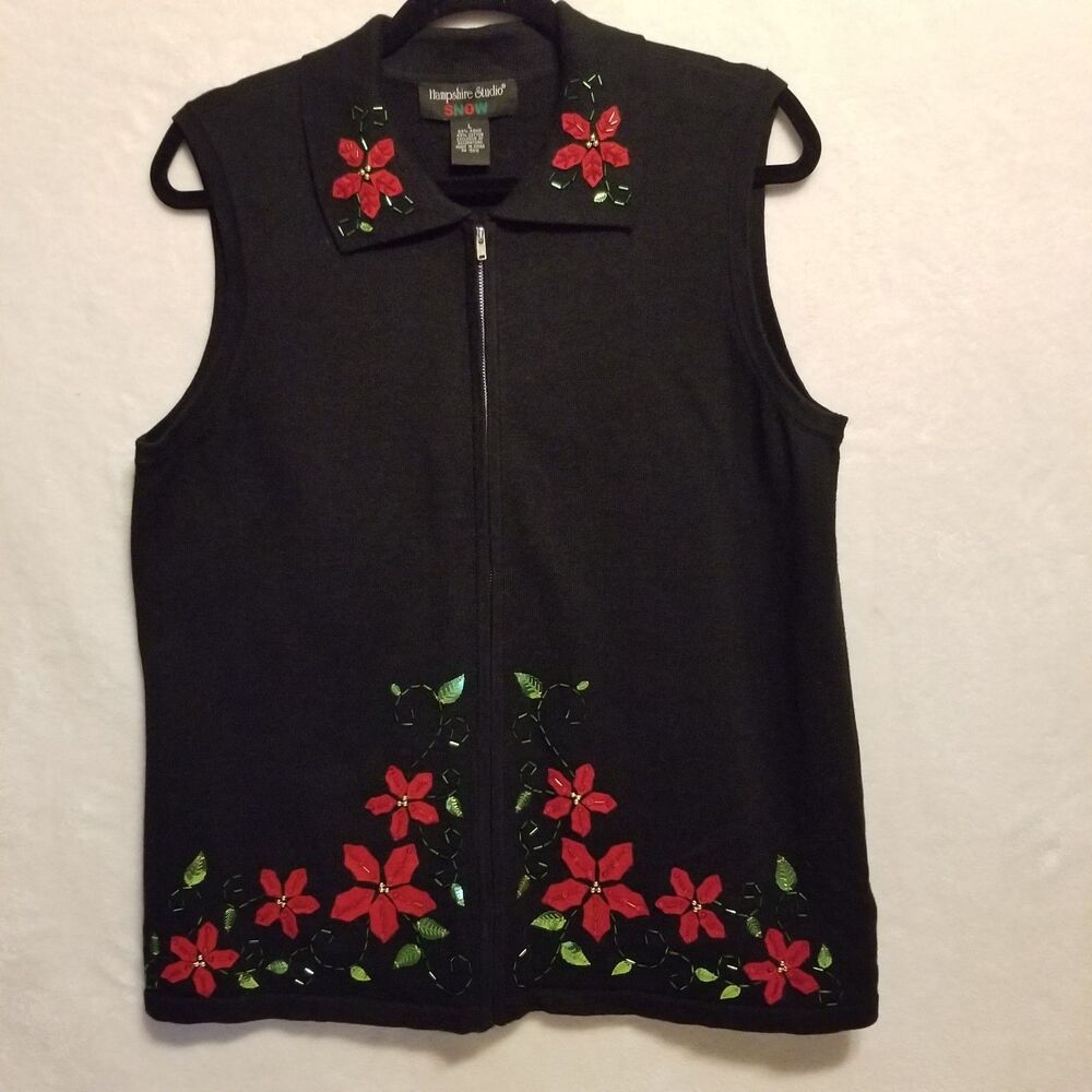 Hampshire Studio Snow L Sweater Vest Full Zip Poinsettia Christmas Holiday Vtg